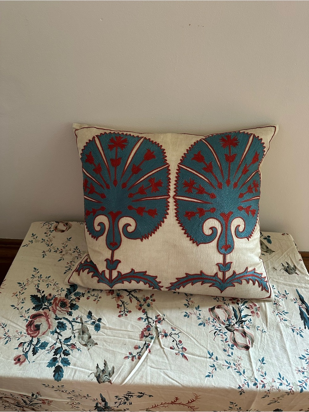 Uzbekistan Suzani Embroidered Pillow - Teal & Red on Cream